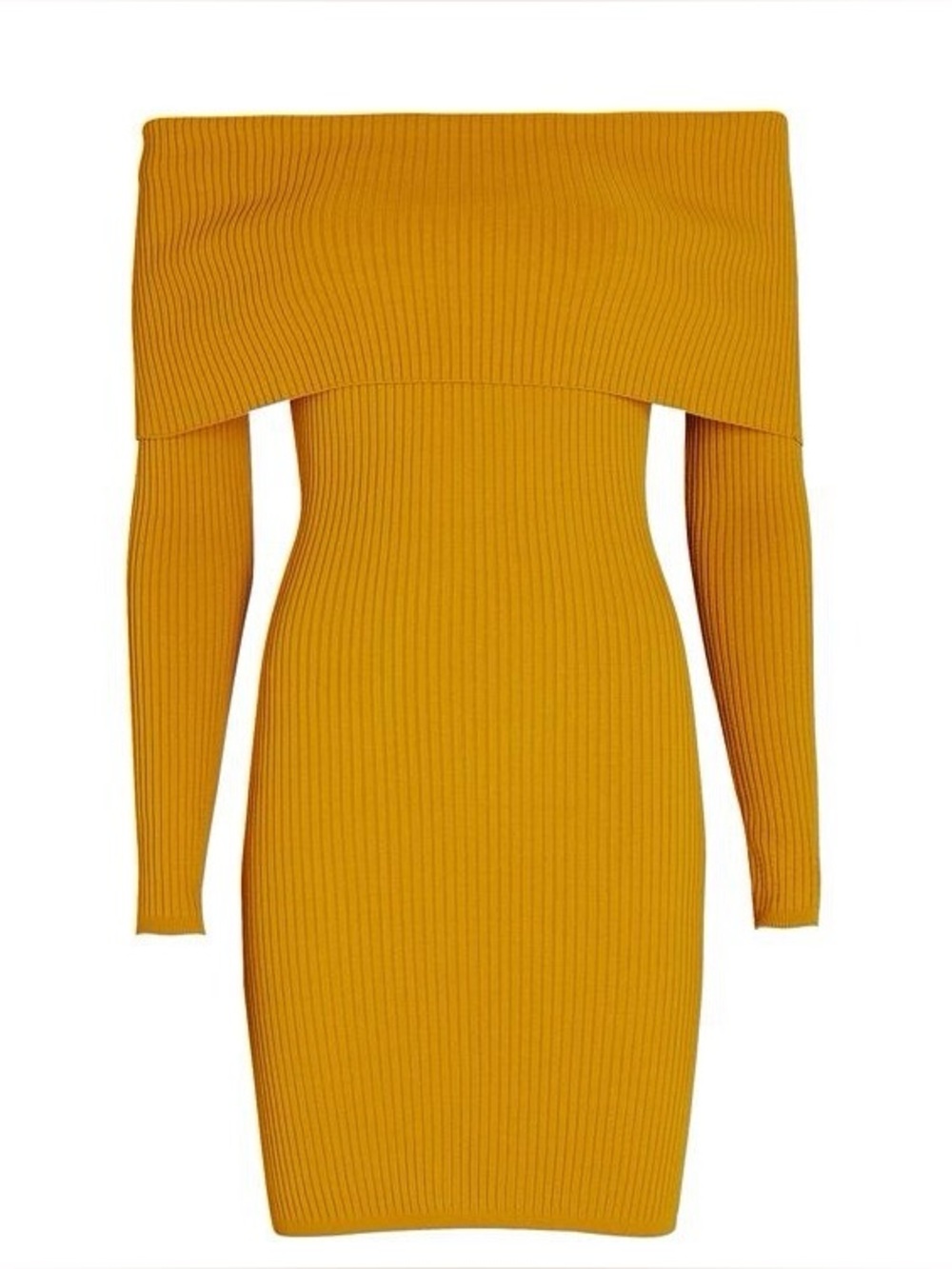 Ronny Kobo L Mustard Yellow Ribbed Knit Off Shoulder Bodycon Mini Dress